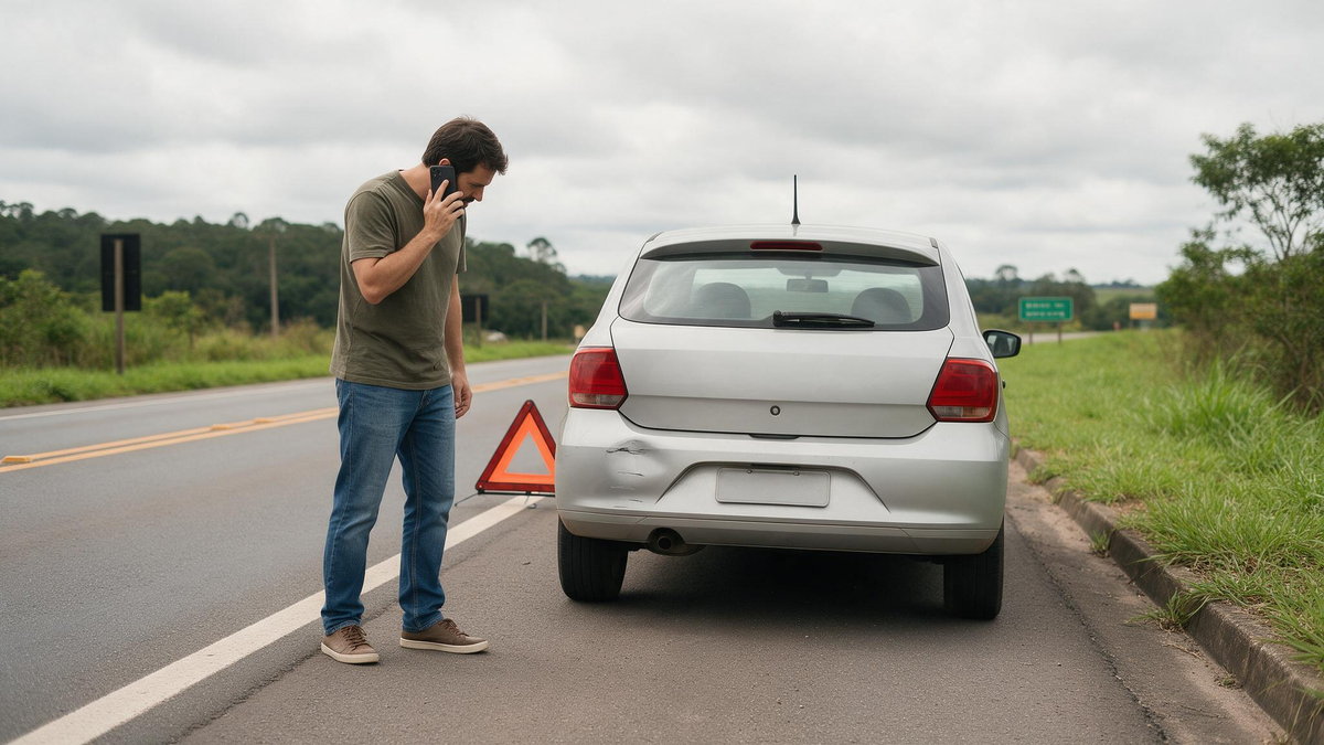Aconteceu um sinistro: o que fazer nas primeiras horas Homem ao telefone no acostamento, ao lado do carro com o triângulo de sinalização posicionado