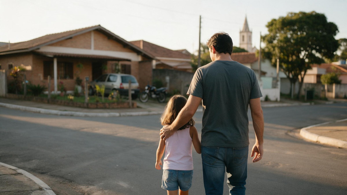 Seguro de vida não trata só de ausência Pai e filha caminhando juntos por uma rua residencial no fim da tarde