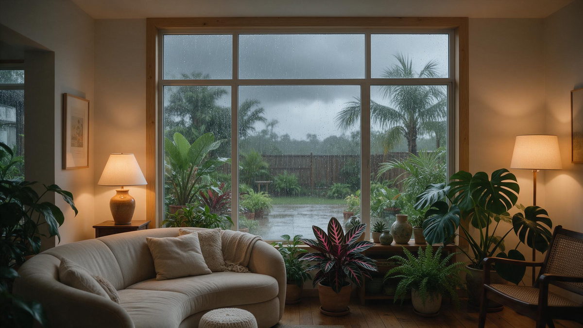 Seguro residencial: por que ele custa menos do que a maioria imagina Sala de estar aconchegante vista de dentro de casa durante um temporal do lado de fora da janela